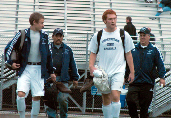 St. Thomas soccer captains Byron and Zac walking into Stello Stadium
