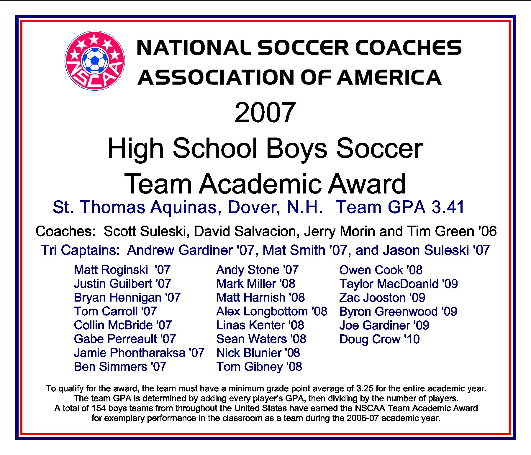 St. Thomas NSCAA 2007 Team Academic Award