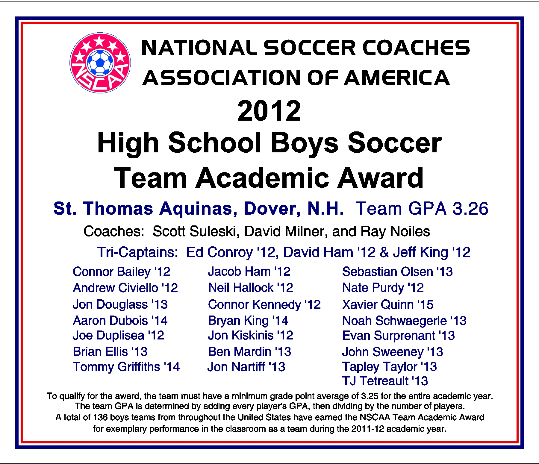 St. Thomas Boys soccer NSCAA 2012 Team Academic Award
