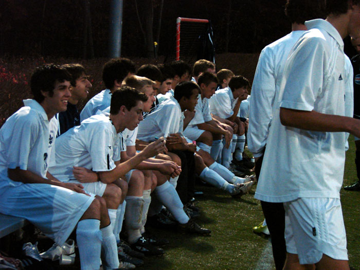 St. Thomas soccer team bench vs Conval in State Semi Finals