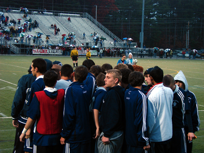 St. Thomas Soccer second half huddle