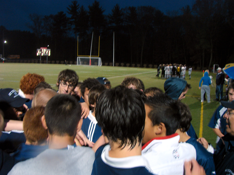 St. Thomas Soccer - huddle before overtime.